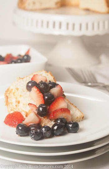 Light as a Cloud #AngelFood #Cake with Berry Topping. Finally a truly airy #glutenFree angel food cake! For the #recipe, visit OnlyTasteMatters.com.